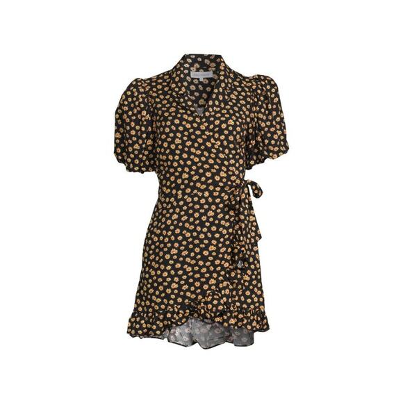 WeWoreWhat Women's Black Yellow Puff Sleeve Floral Wrap Mini Dress Size Medium - Picture 3 of 15